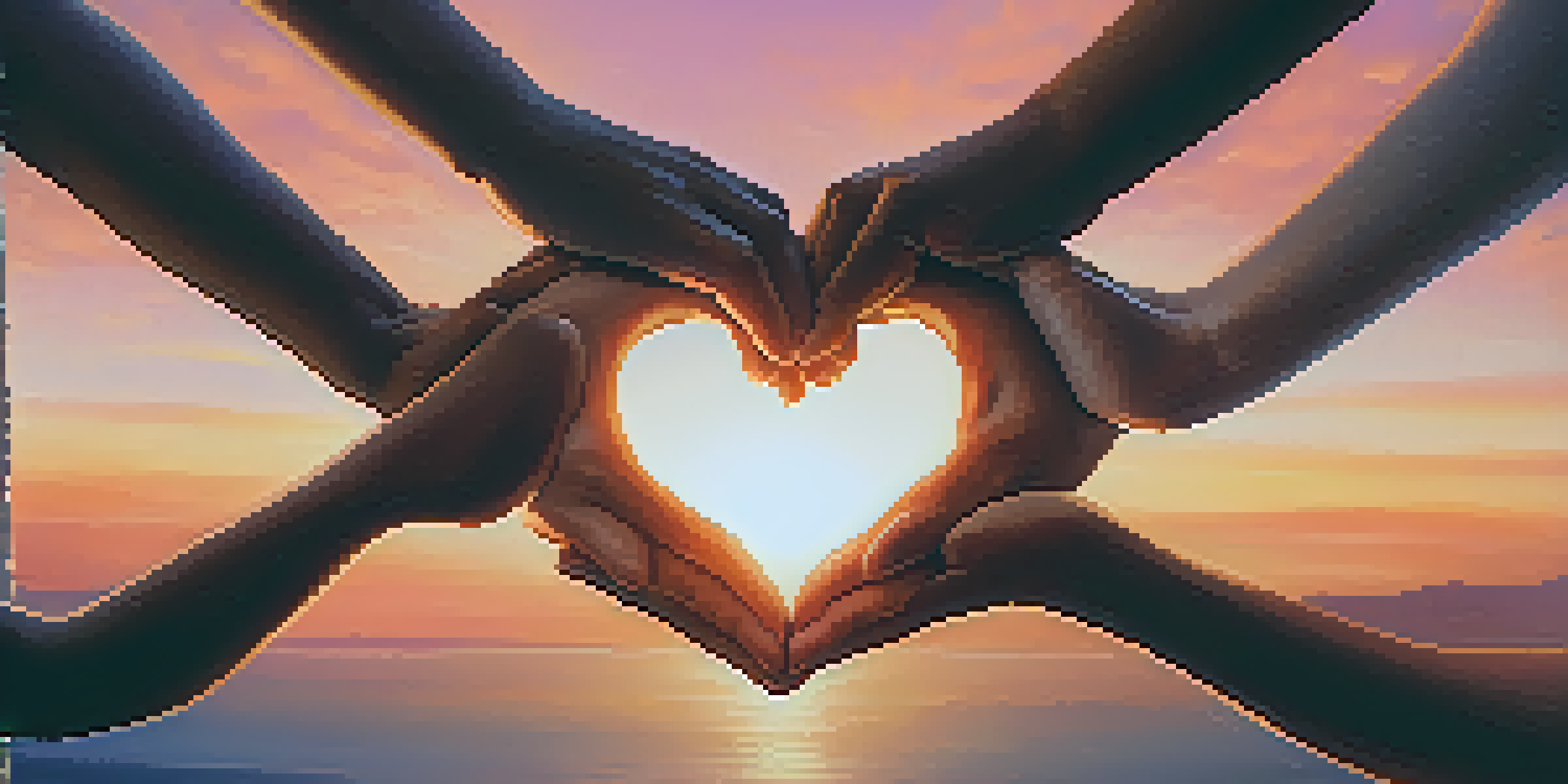Hands forming a heart shape in front of a group holding hands, symbolizing compassion and community against a sunset backdrop.