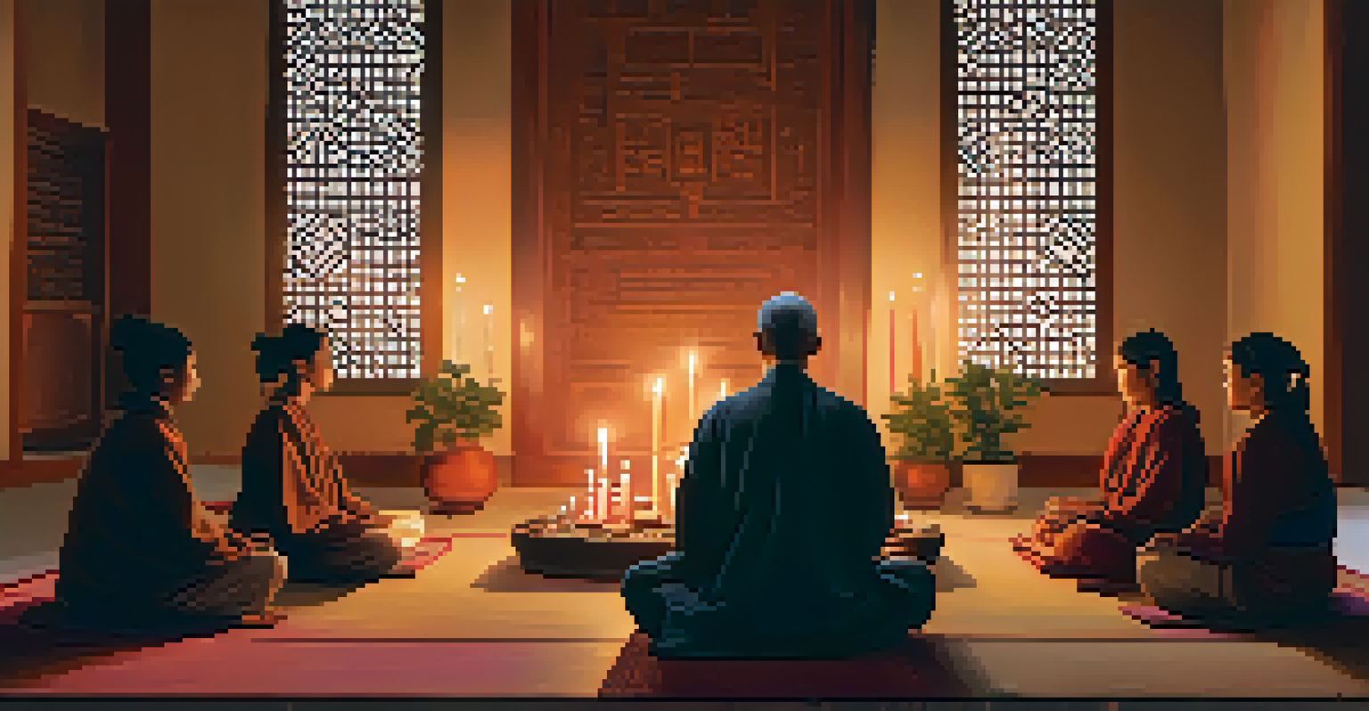 A peaceful scene of a guru sitting cross-legged, surrounded by candles and students in a meditative atmosphere.