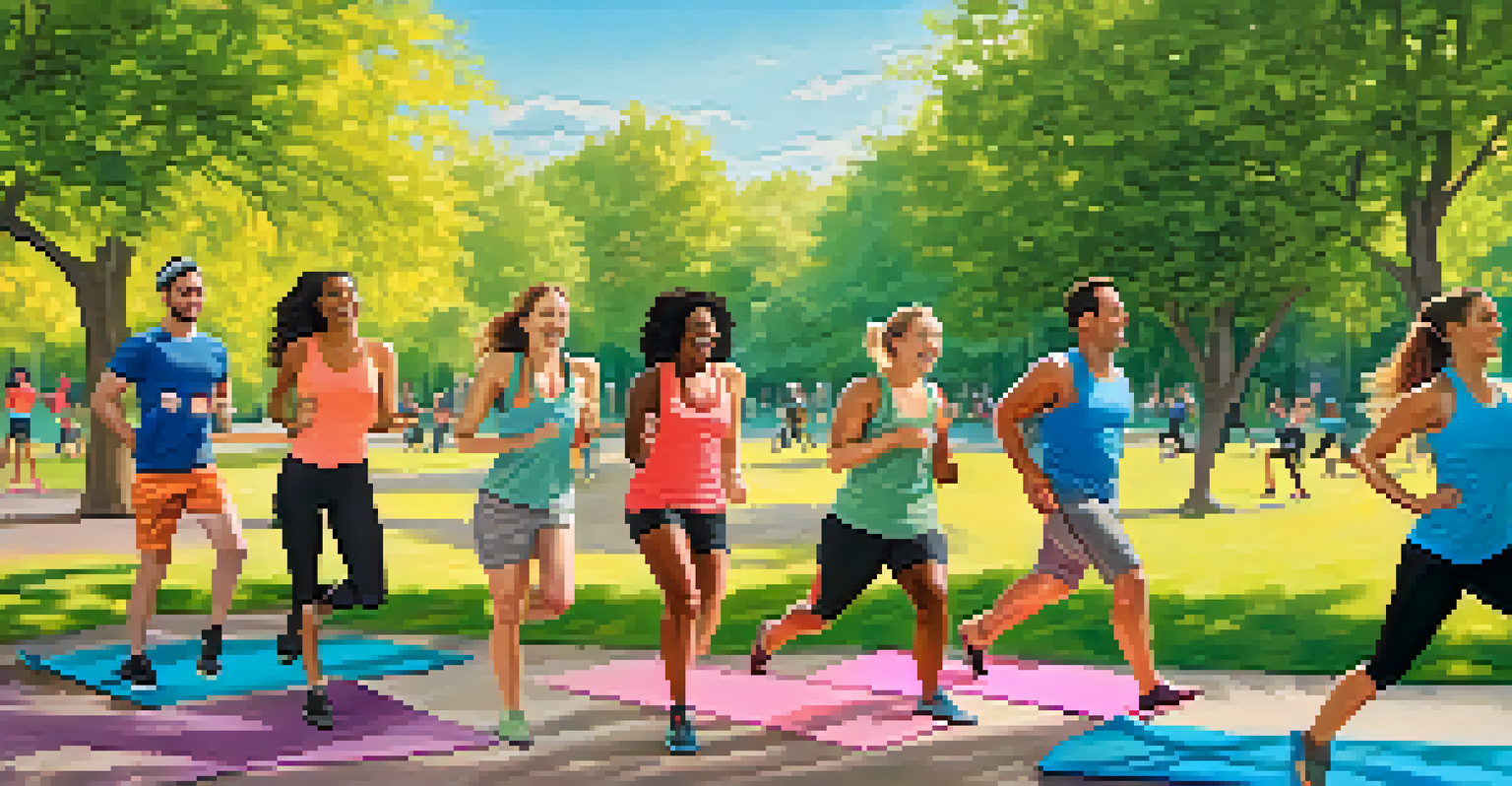 A group of friends exercising together in a park, enjoying their workout in a lively atmosphere.