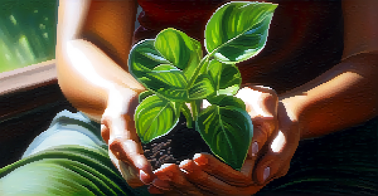 Close-up of hands cradling a vibrant green plant with sunlight filtering through the leaves, symbolizing wellness and connection to nature.