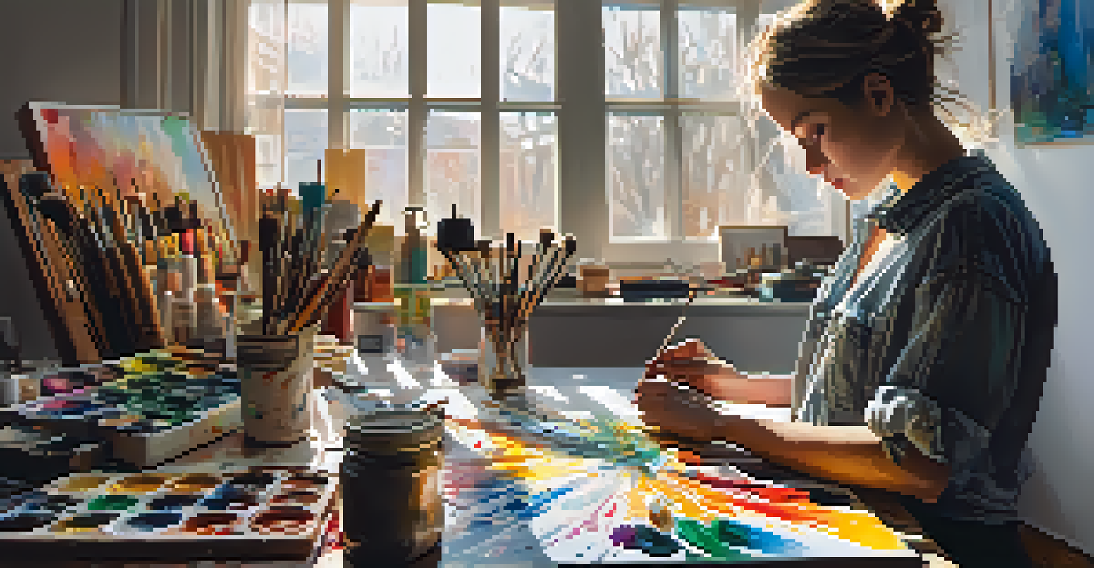 An artist concentrating on a canvas in a colorful workspace, surrounded by paints and brushes, with soft sunlight illuminating the scene.