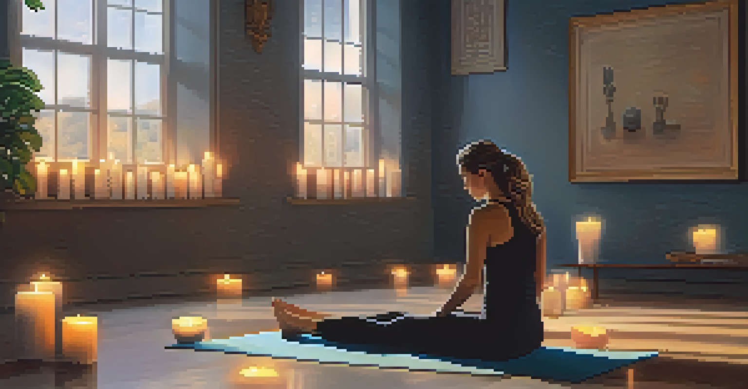 An indoor space with a person lying in Corpse Pose on a mat, surrounded by candles and cushions in a softly lit environment.