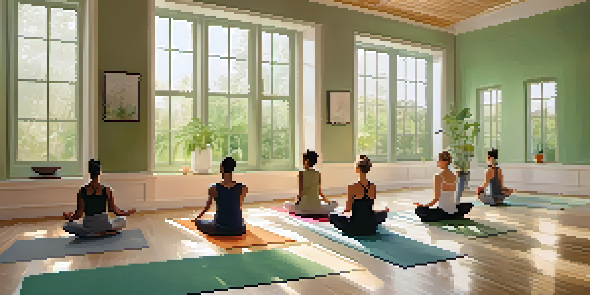 A peaceful yoga studio with diverse individuals practicing partner yoga, surrounded by natural light and greenery.
