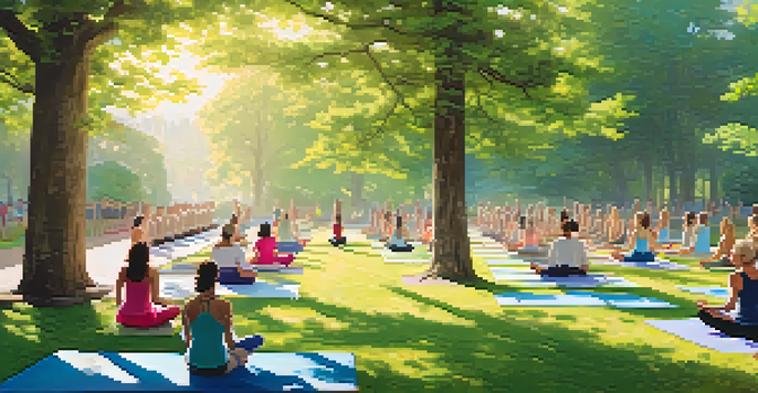 A diverse group of people practicing yoga in a sunny park surrounded by greenery and flowers.