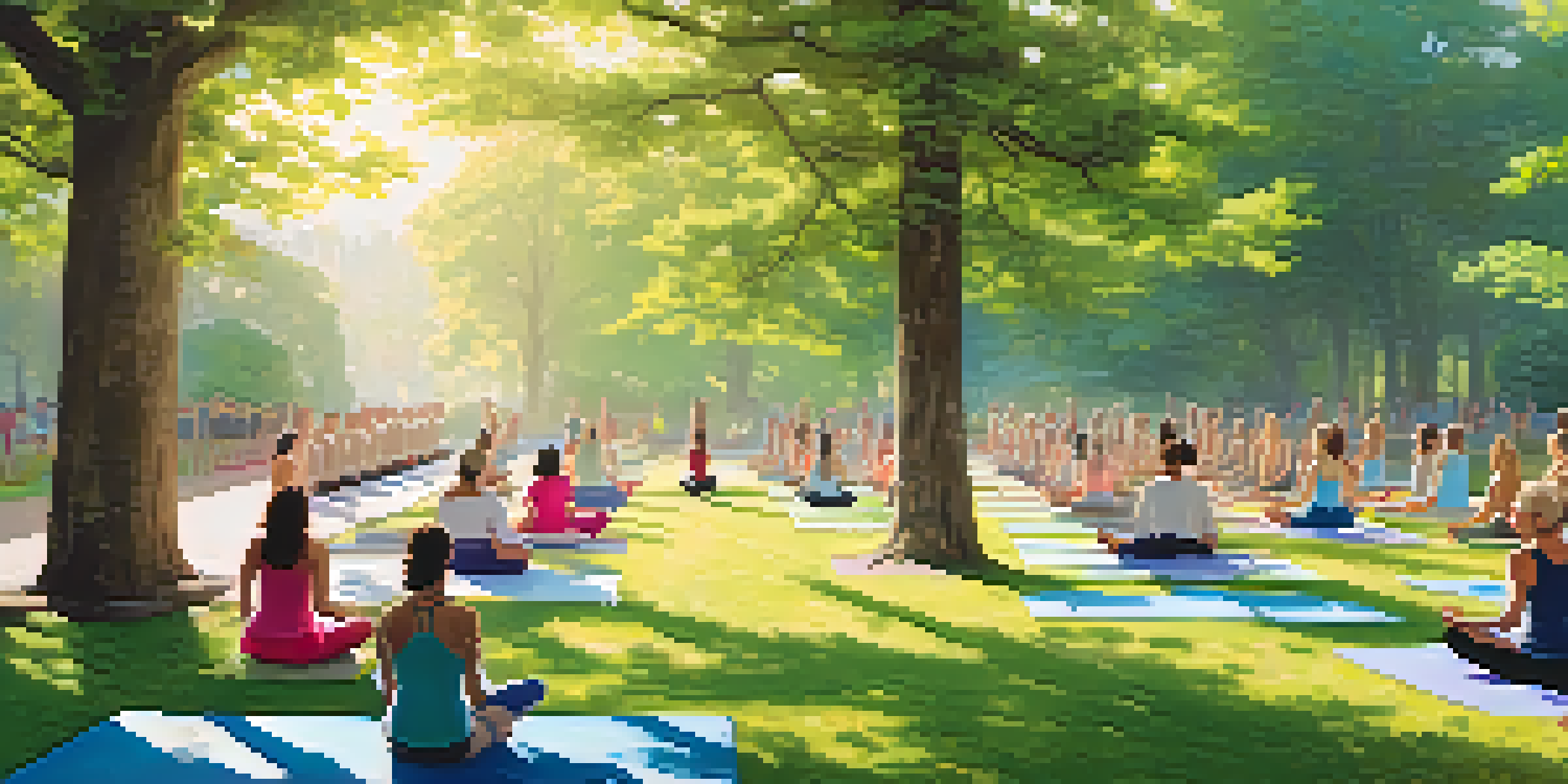 A diverse group of people practicing yoga in a sunny park surrounded by greenery and flowers.