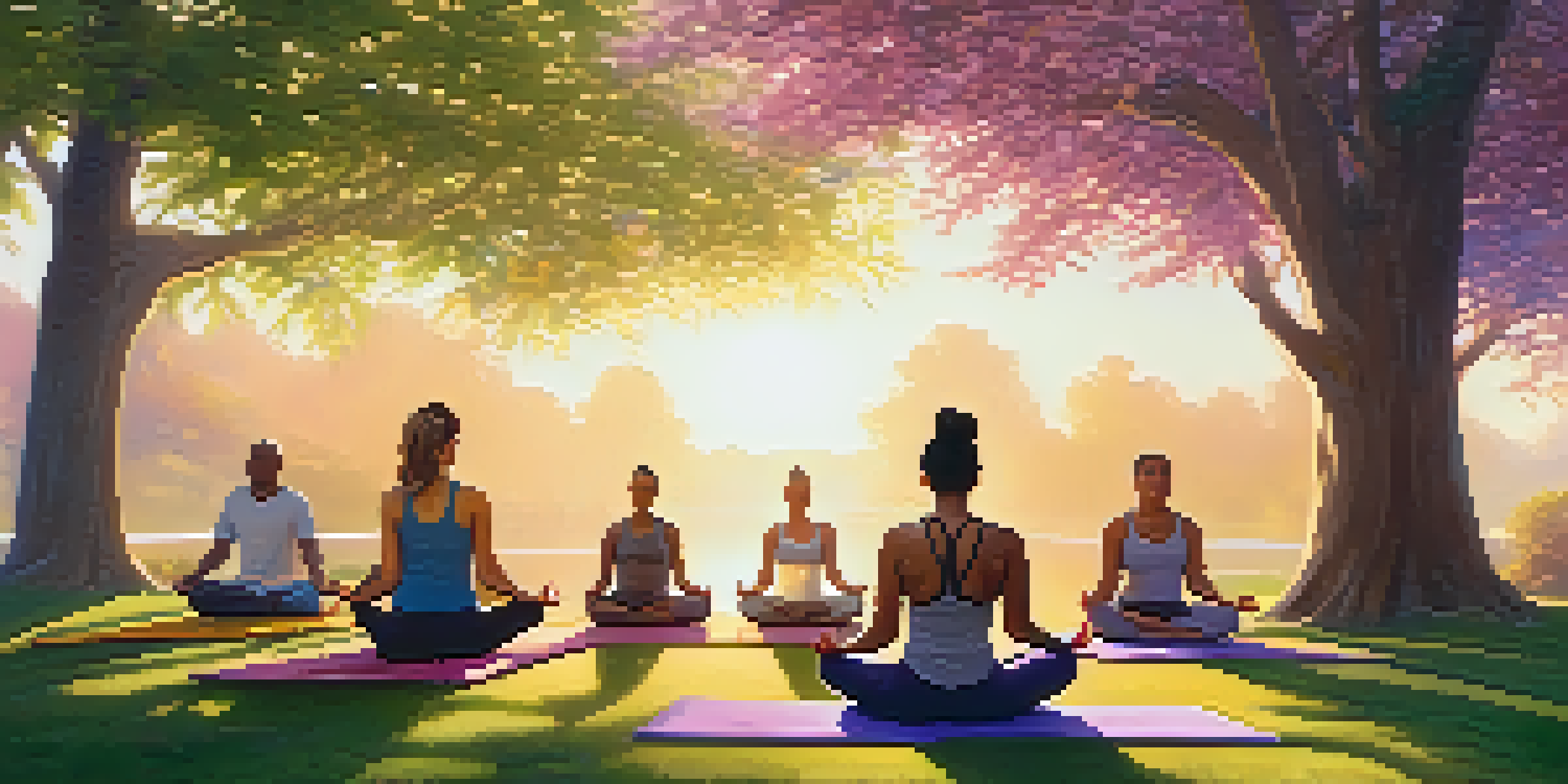 A diverse group of individuals practicing yoga in a tranquil park during sunrise, surrounded by greenery and blooming flowers.
