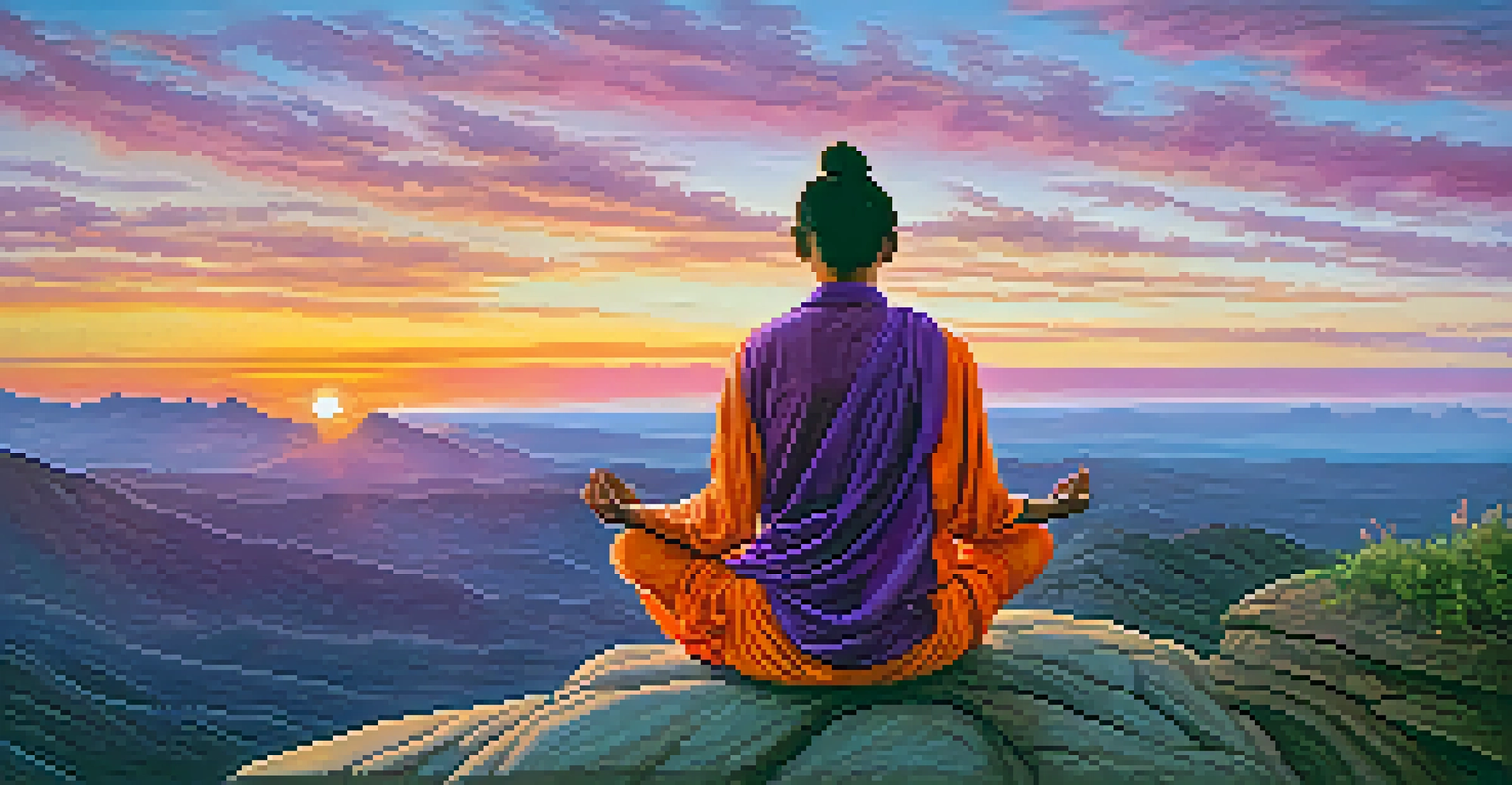 A person meditating in a lotus position on a cliff at sunset, with a colorful sky and serene landscape.