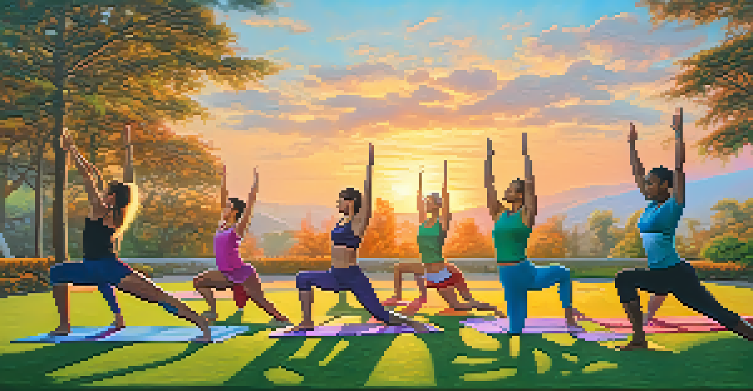 Athletes practicing dynamic yoga poses in a park at sunrise, surrounded by lush greenery and vibrant sky colors.