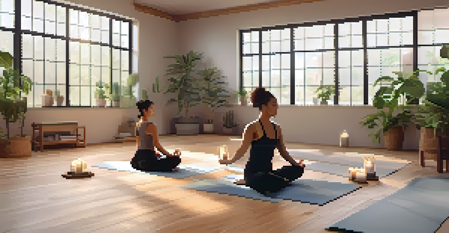 Participants seated in meditation in a cozy yoga studio with warm lighting and plants.
