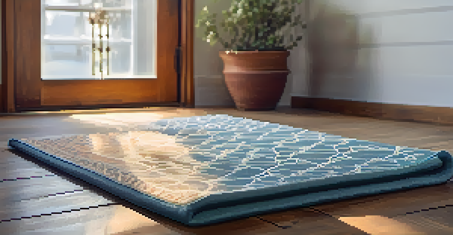 A close-up of a yoga mat with intricate patterns on a wooden floor, illuminated by soft sunlight streaming through a window.