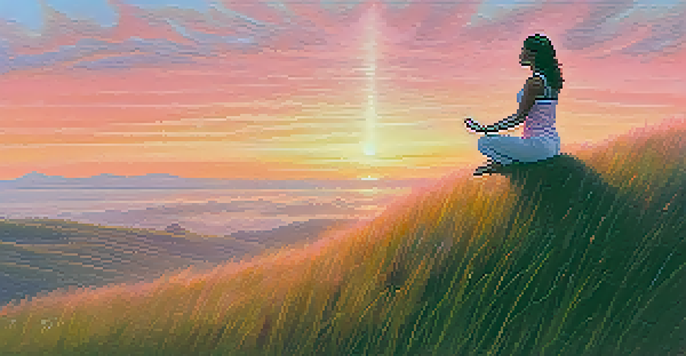 A person in a yoga pose on a grassy hilltop at sunrise, with a soft pastel sky in the background.