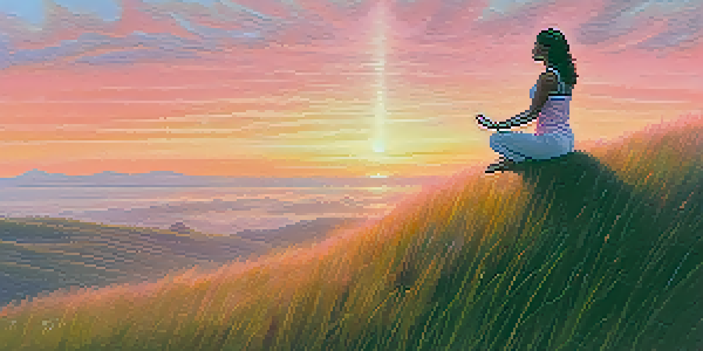 A person in a yoga pose on a grassy hilltop at sunrise, with a soft pastel sky in the background.