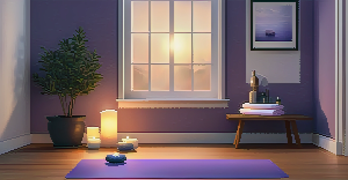 A cozy yoga space with a yoga mat, soft lighting, candles, and lavender plants, ideal for relaxation before sleep.