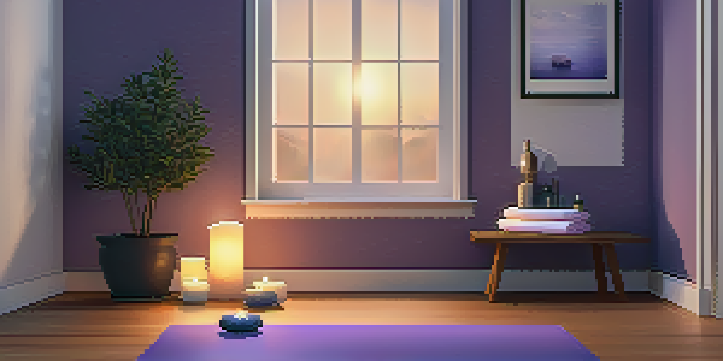 A cozy yoga space with a yoga mat, soft lighting, candles, and lavender plants, ideal for relaxation before sleep.
