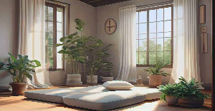 A peaceful meditation area with soft light, a cushion, plants, and a small altar.