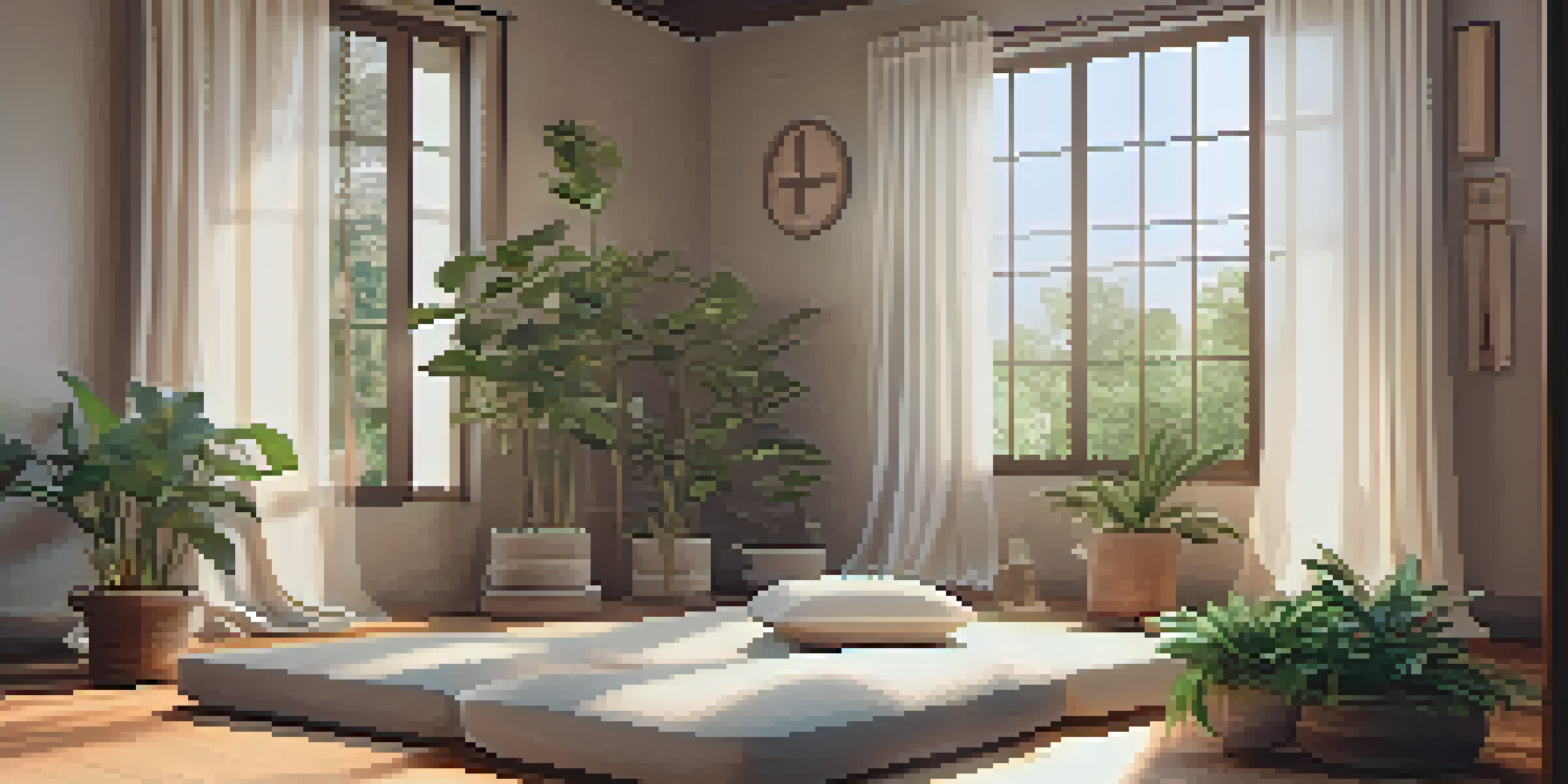 A peaceful meditation area with soft light, a cushion, plants, and a small altar.