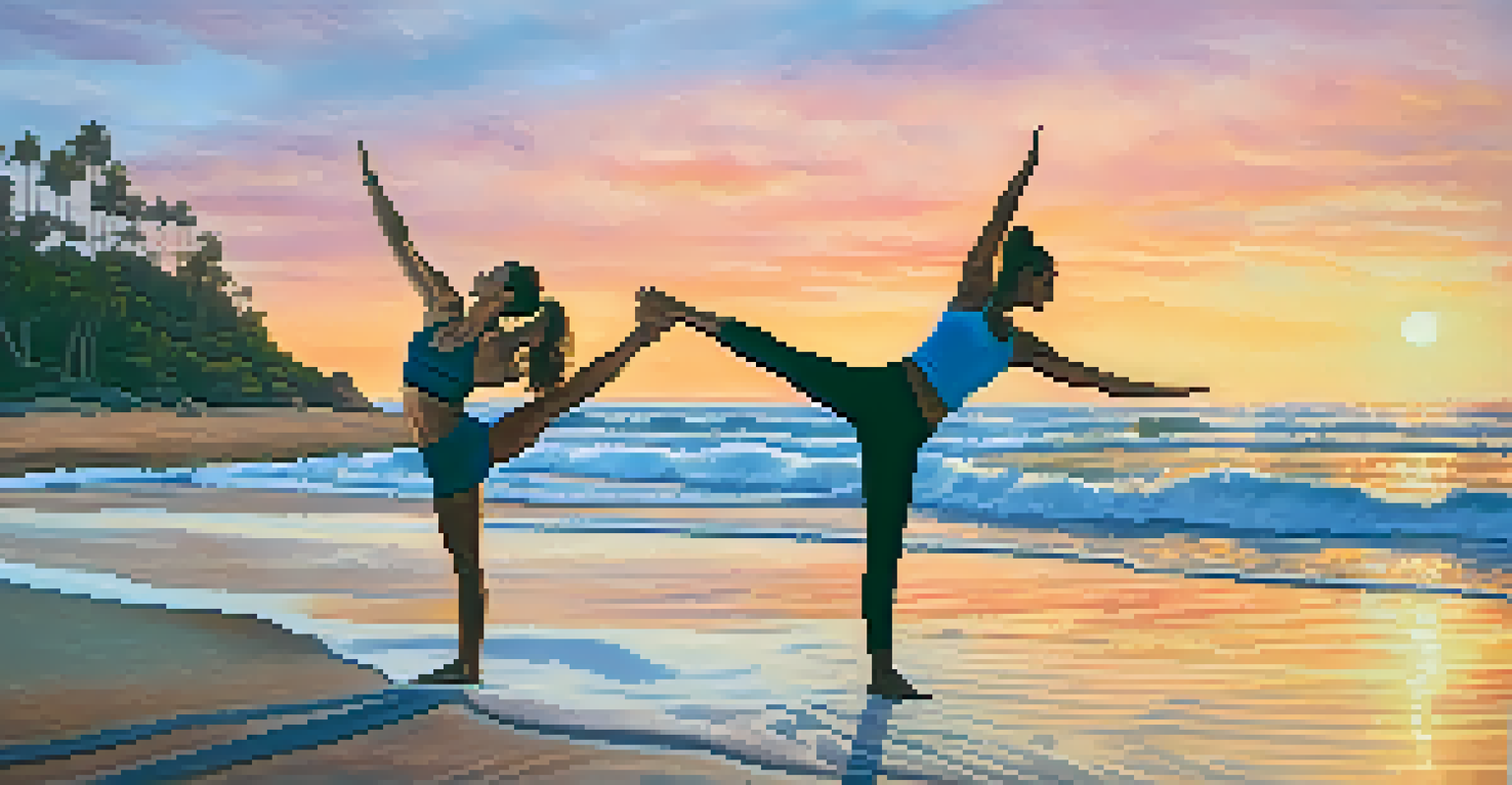 Two partners performing yoga on the beach at sunrise, with waves in the background and vibrant sky colors.
