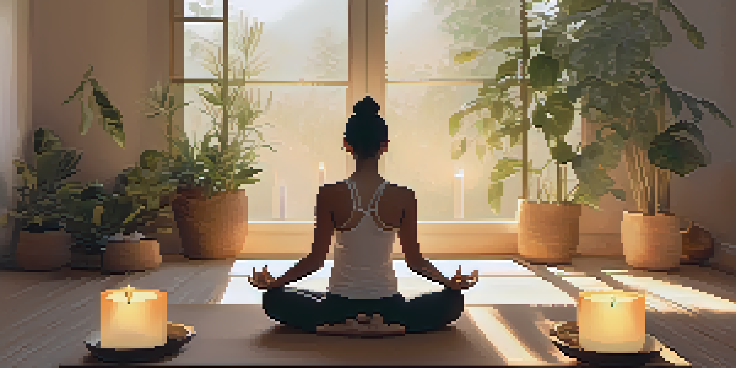 A person practicing Yin Yoga in Supported Child's Pose, surrounded by candles and plants in a softly lit room.