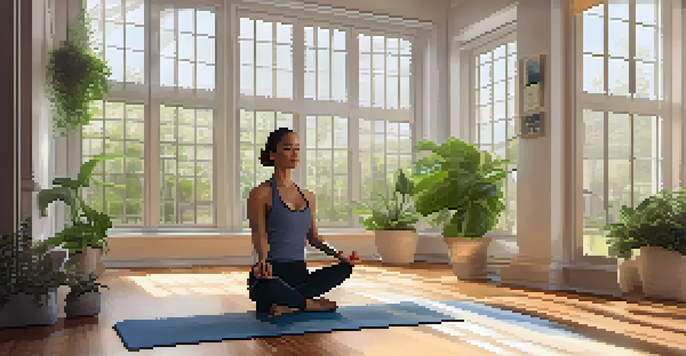A person practicing Tree Pose in a bright yoga studio with plants, candles, and an open journal, creating a peaceful atmosphere for mindfulness.
