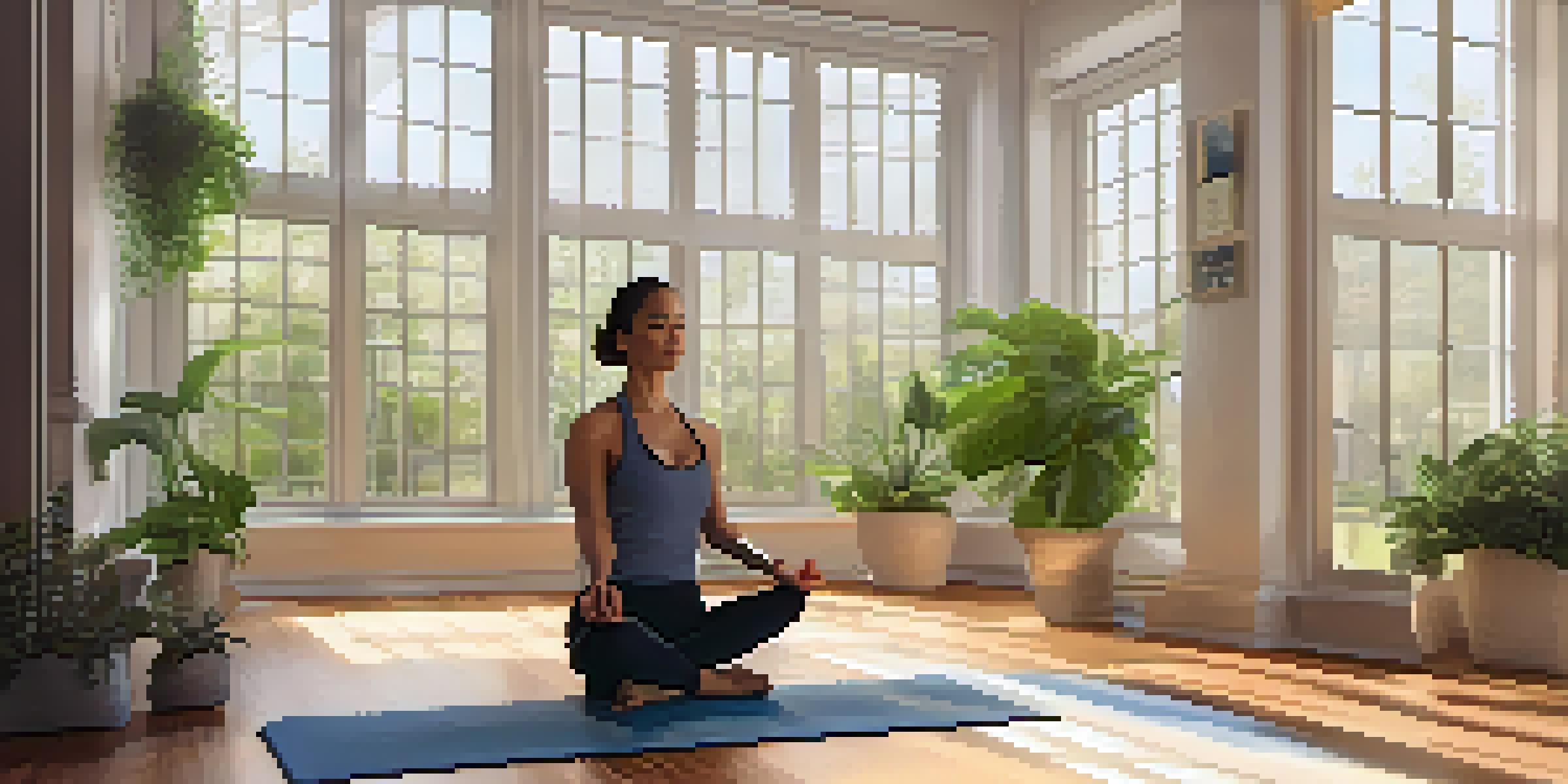 A person practicing Tree Pose in a bright yoga studio with plants, candles, and an open journal, creating a peaceful atmosphere for mindfulness.