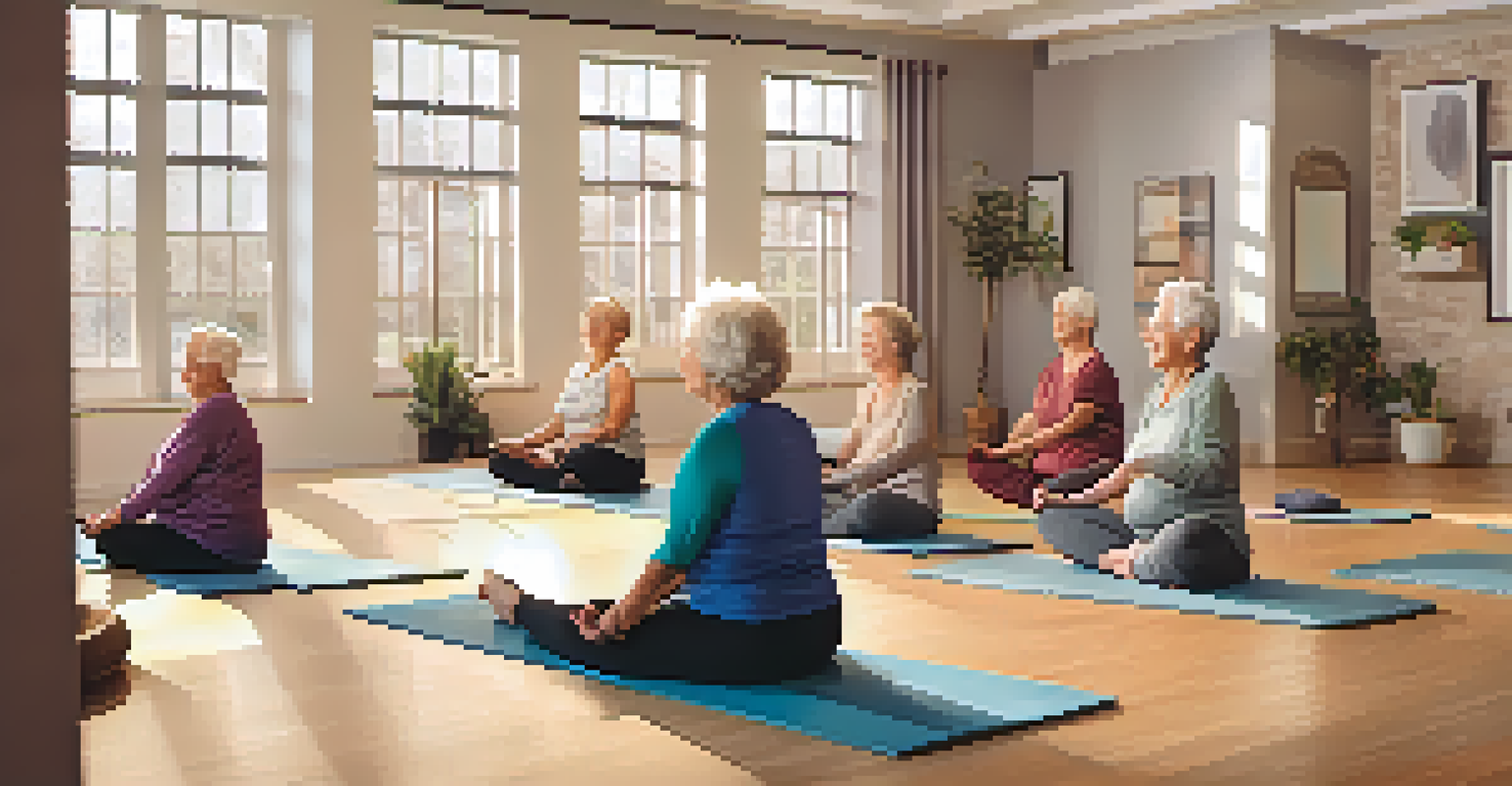 A group of seniors practicing the Chair Pose in a cozy indoor yoga studio, showcasing community and support.