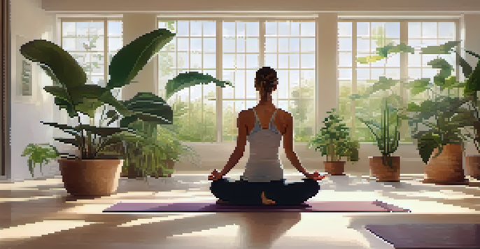 A woman practicing yoga in a peaceful studio with natural light and plants, portraying relaxation and mindfulness.
