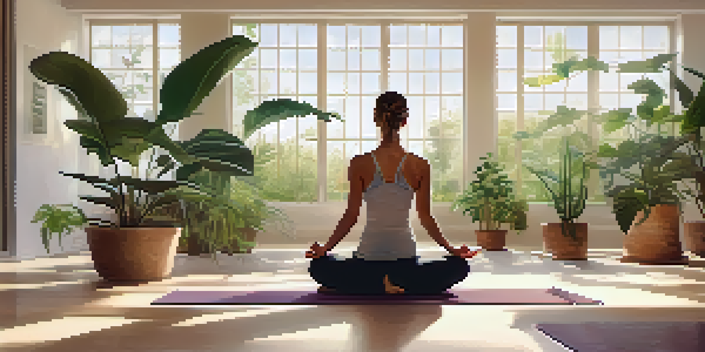 A woman practicing yoga in a peaceful studio with natural light and plants, portraying relaxation and mindfulness.