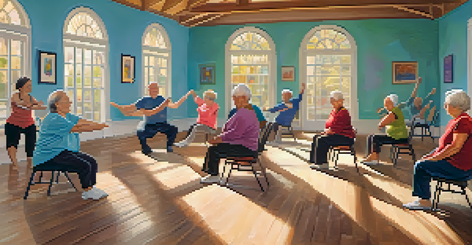 A chair yoga class in a community center with seniors practicing balance exercises together.