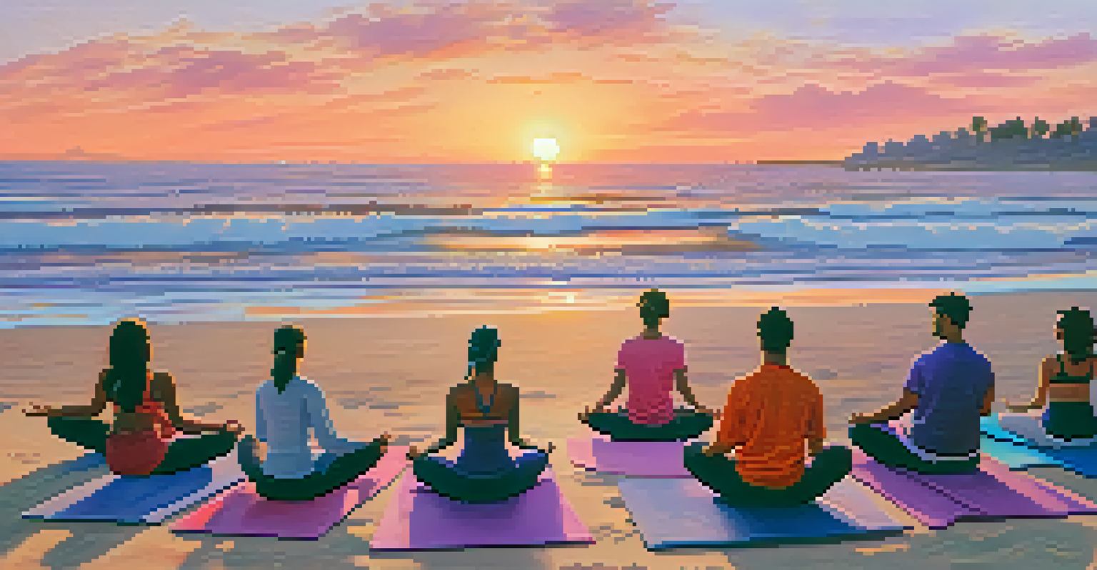 People practicing yoga on a beach during sunset, with a vibrant sky and gentle waves in the background.