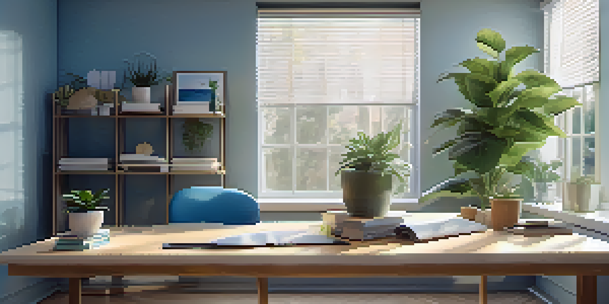 A peaceful office workspace with a tidy desk, a small plant, and a yoga mat in the corner, illuminated by soft natural light.