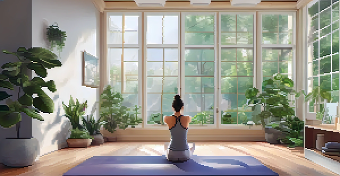 A person performing the Pigeon Pose in a bright yoga studio with natural light and plants.