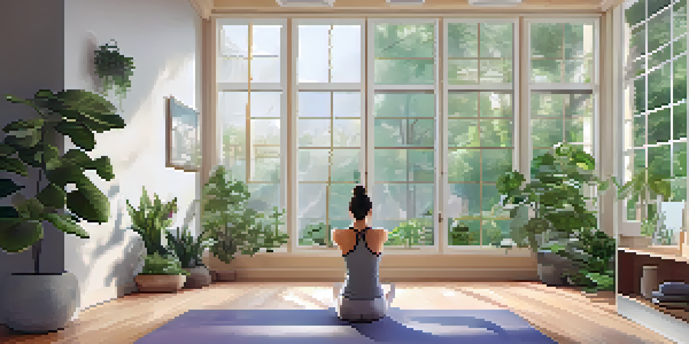 A person performing the Pigeon Pose in a bright yoga studio with natural light and plants.