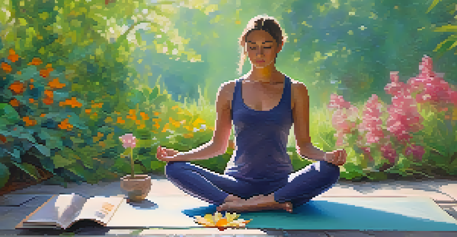 A person practicing breathwork outdoors, sitting cross-legged with a calm expression amidst greenery and flowers.