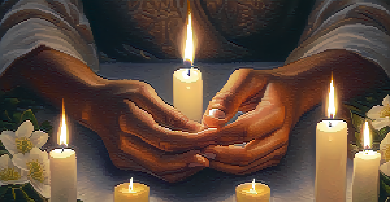 A close-up of hands in a mudra gesture surrounded by flowers and candles, symbolizing peace and mindfulness.