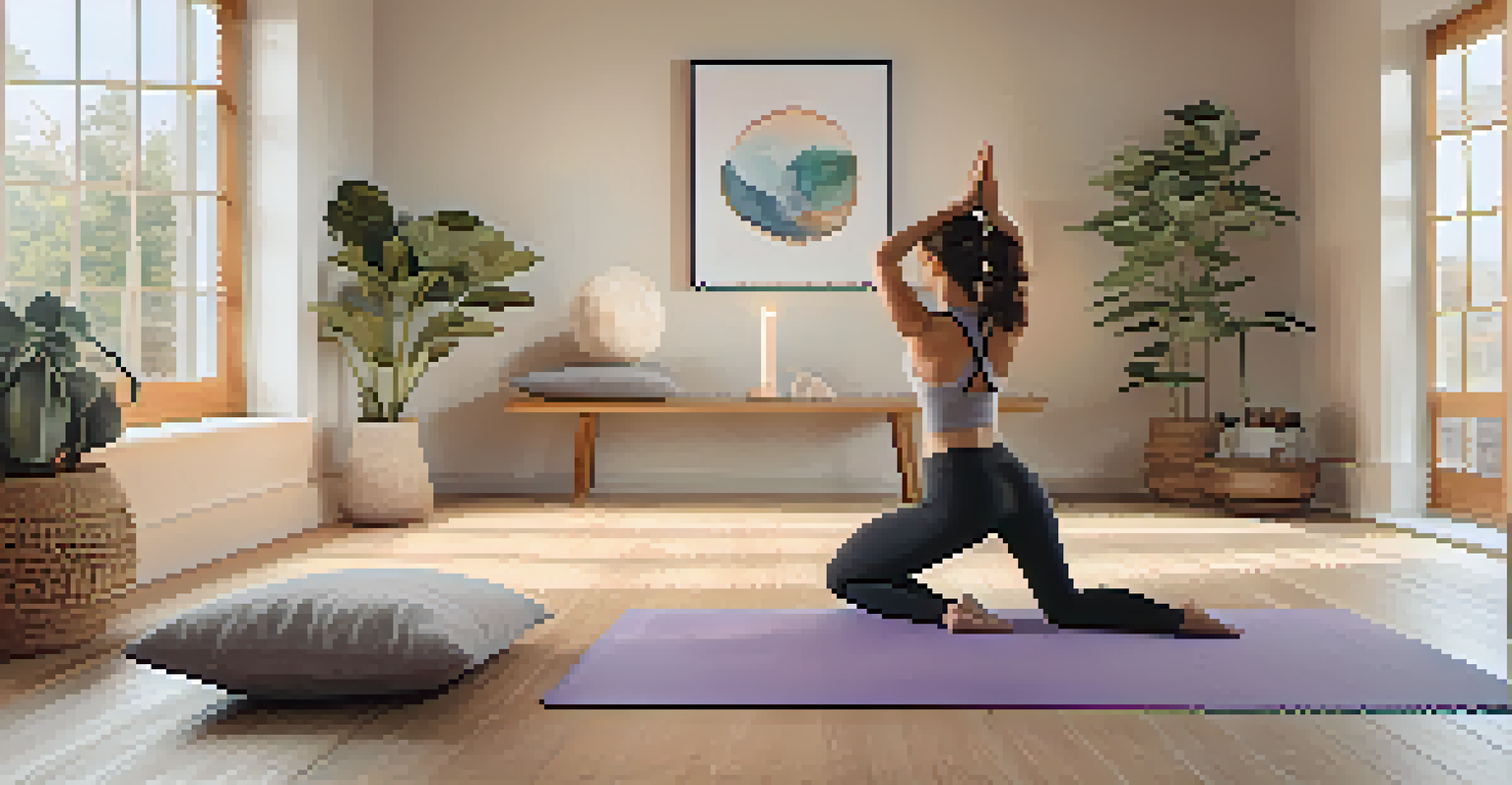 A person practicing the Bridge yoga pose in a cozy home setting, surrounded by cushions and soft lighting.