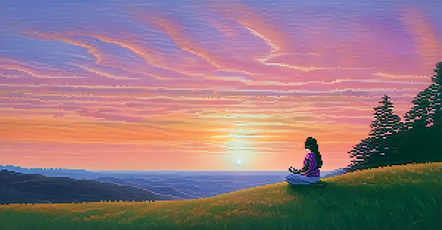 A person practicing Yoga Nidra on a grassy hilltop at sunset, surrounded by vibrant sky colors.