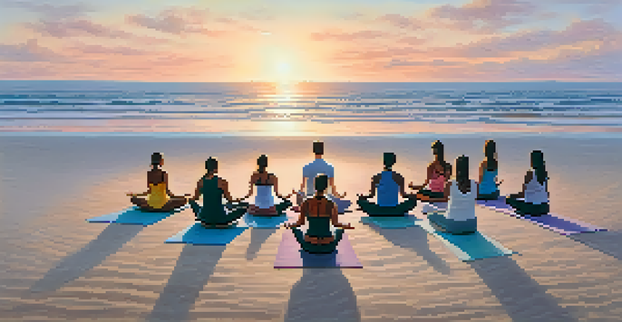 A peaceful beach yoga session at sunrise, with participants in various poses on the sand.