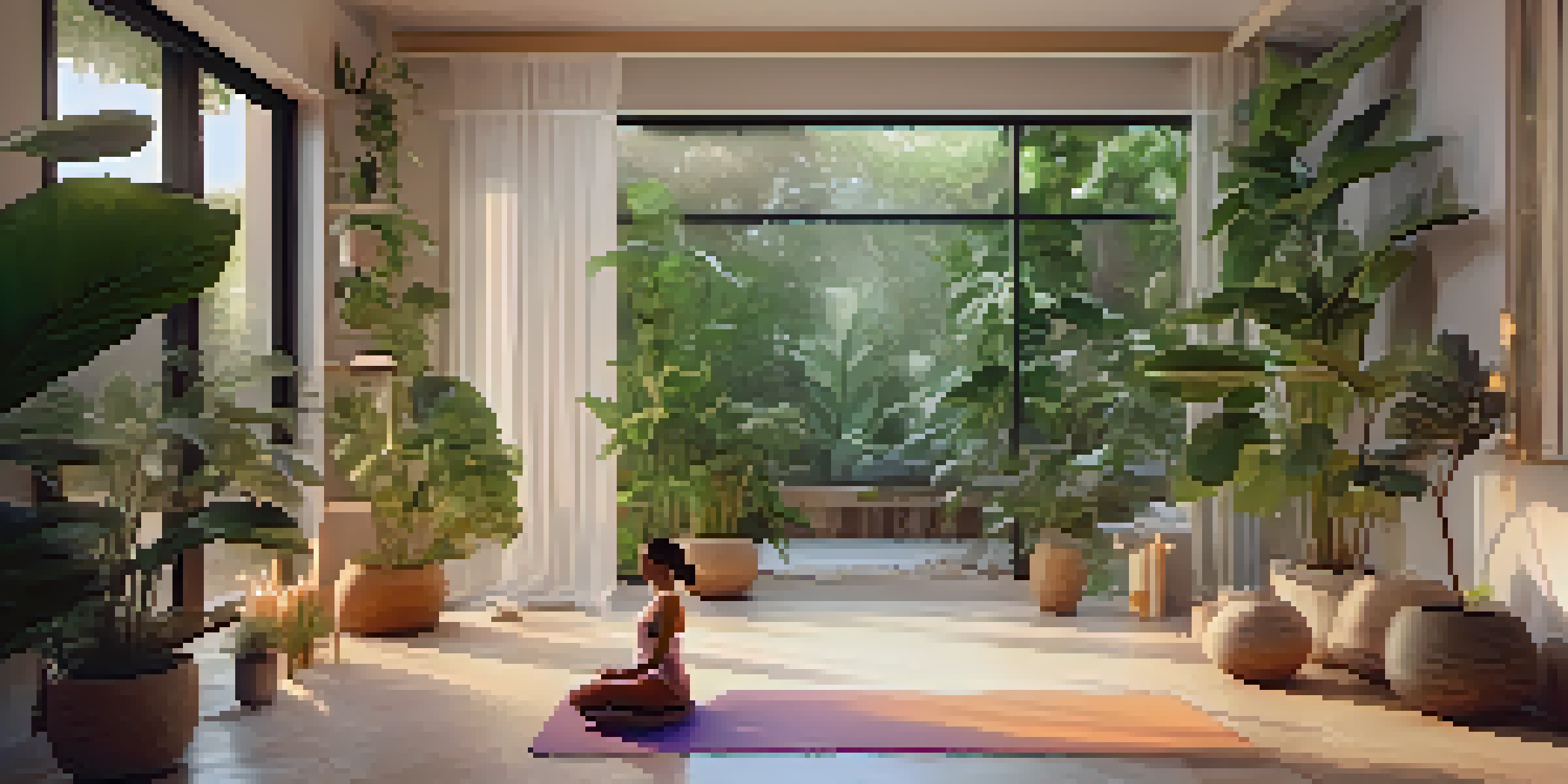 A peaceful yoga space with a yoga mat, indoor plants, and soft lighting, creating a calm atmosphere.