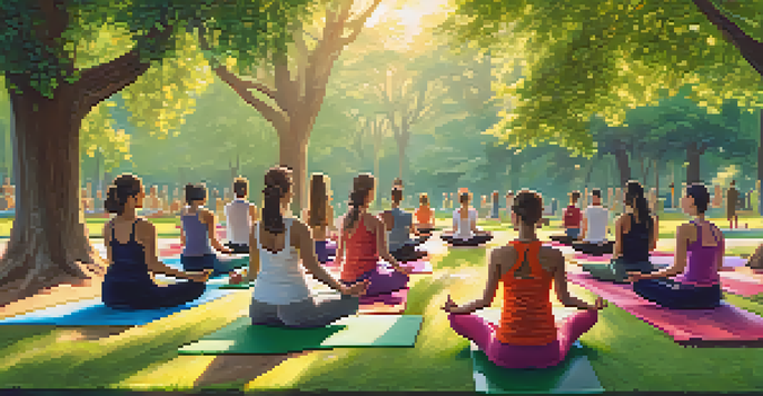 A group of people practicing yoga in a green park with colorful mats, surrounded by flowers and trees.