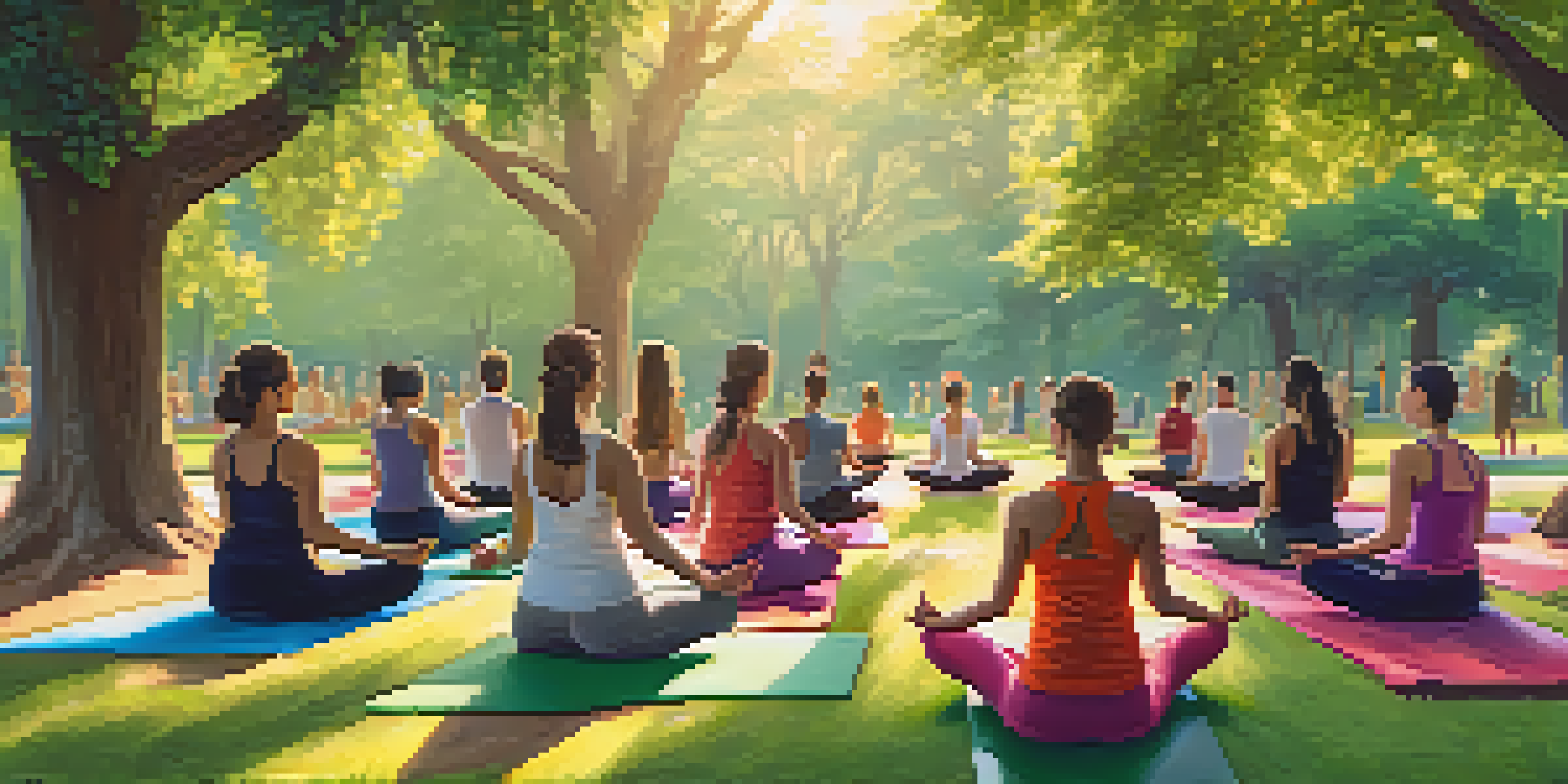 A group of people practicing yoga in a green park with colorful mats, surrounded by flowers and trees.
