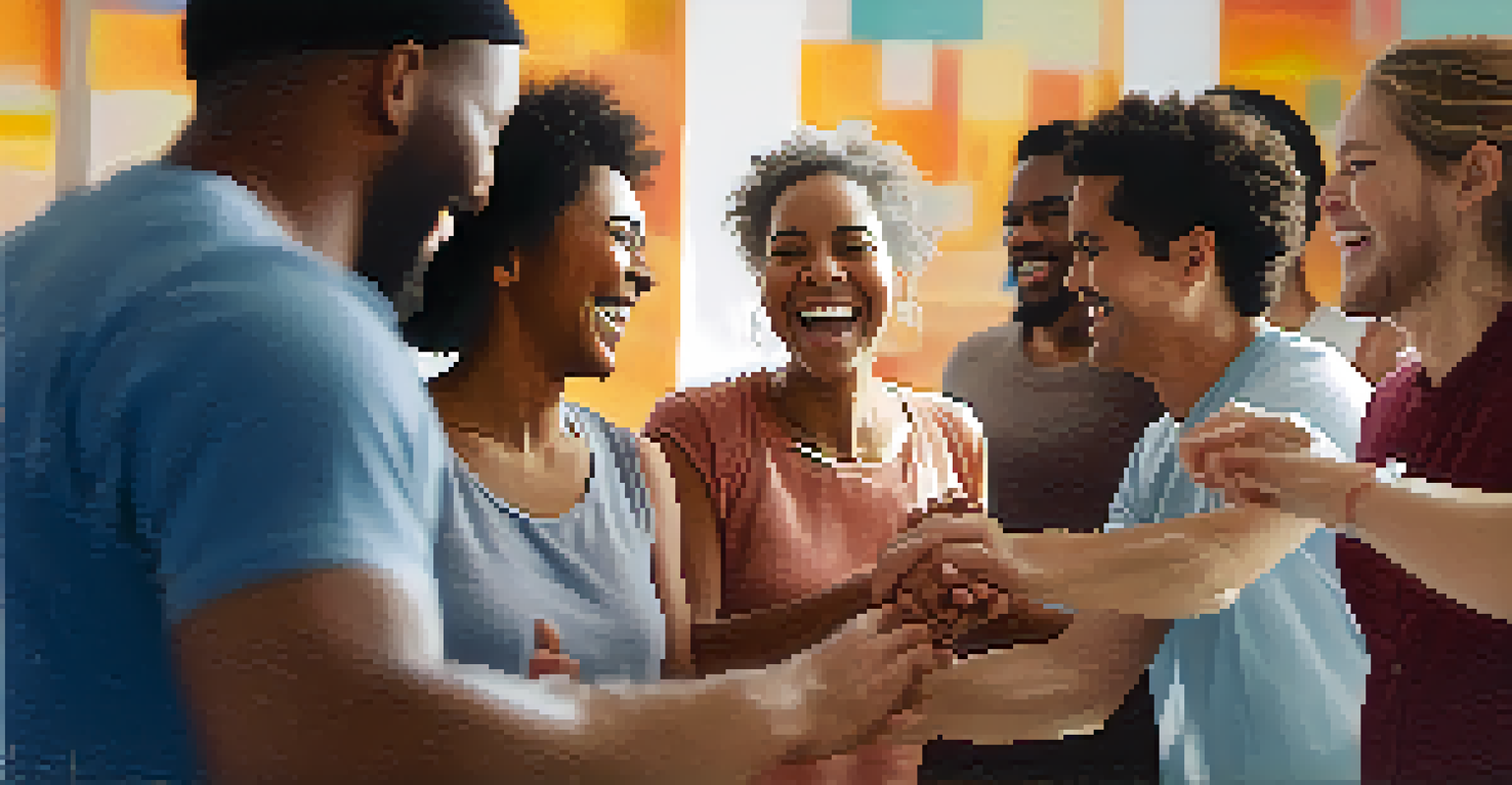 Close-up of participants laughing and holding hands in a circle during a laughter yoga class.