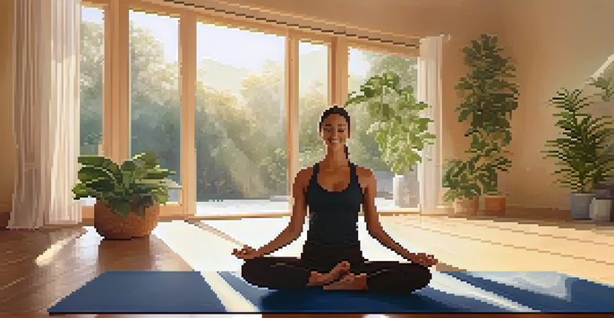 A person practicing Boat Pose in a warm, sunlit yoga studio with plants in the background.