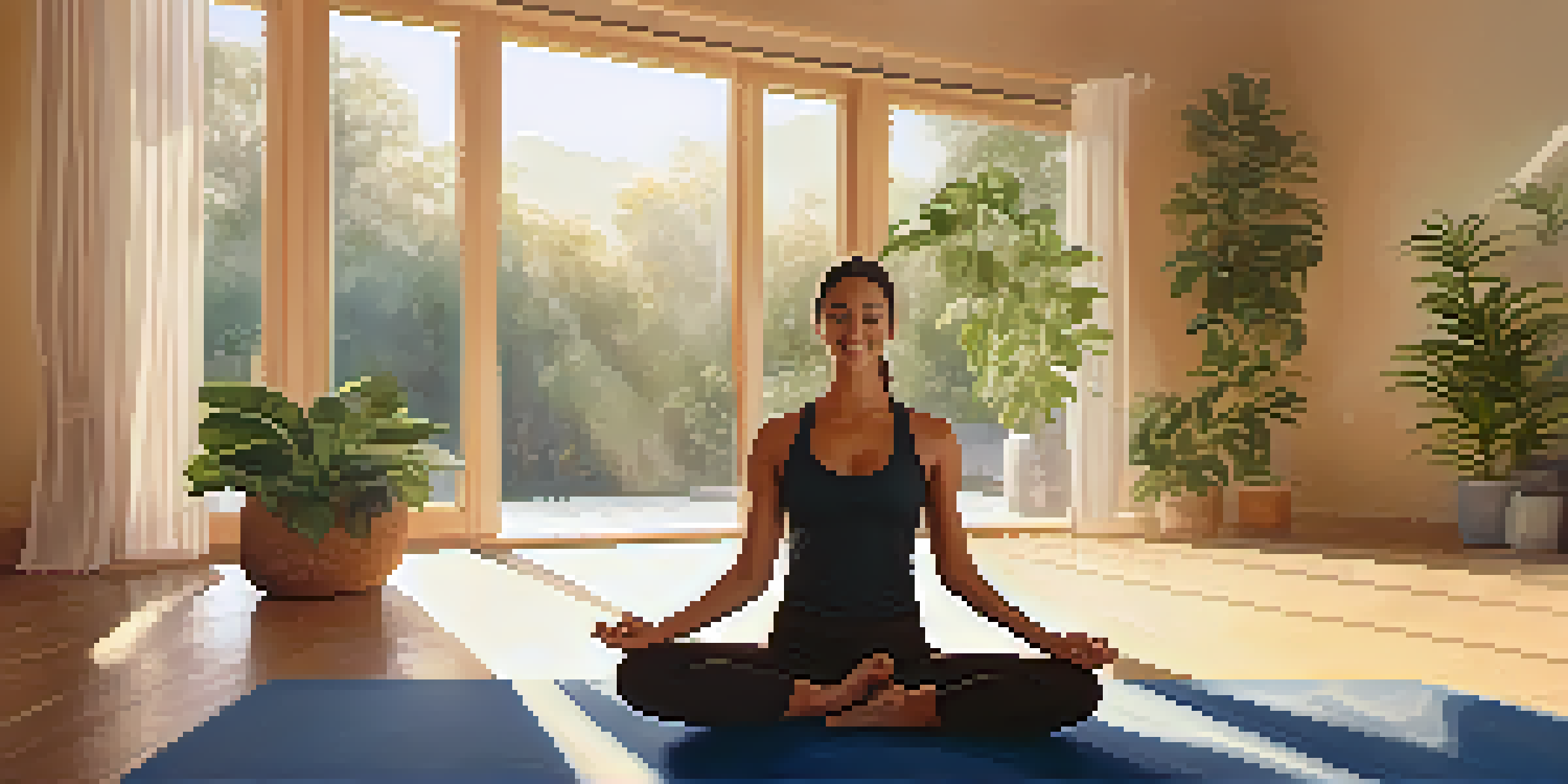 A person practicing Boat Pose in a warm, sunlit yoga studio with plants in the background.