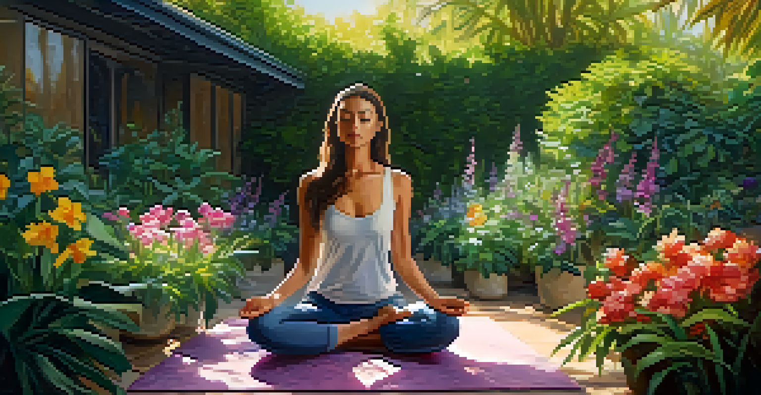 A person practicing breathwork outdoors in a garden, surrounded by flowers and greenery, creating a peaceful and rejuvenating environment.