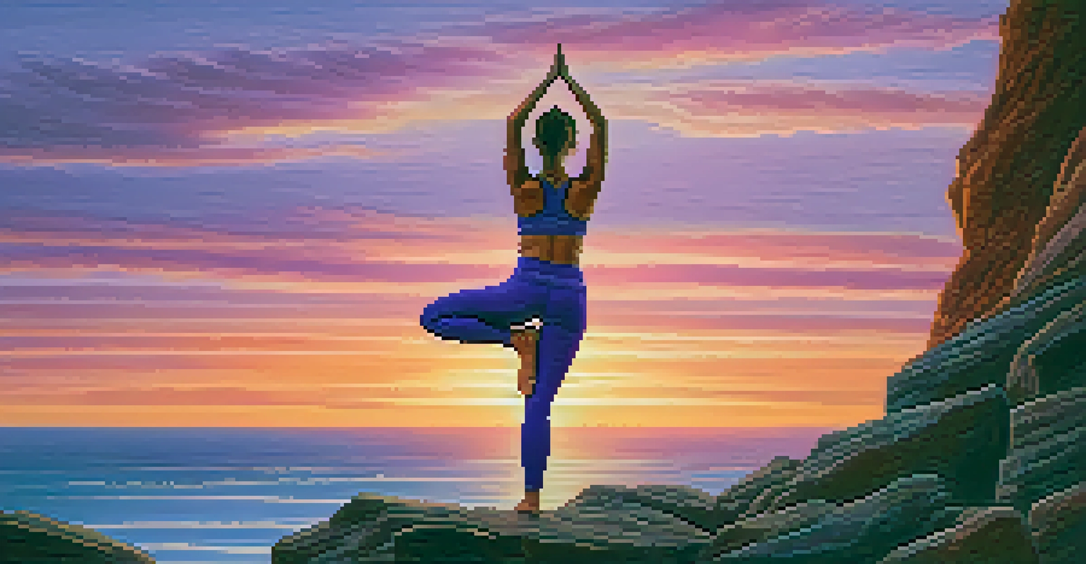 A person doing yoga on a cliff at sunrise with a view of the tranquil sea.