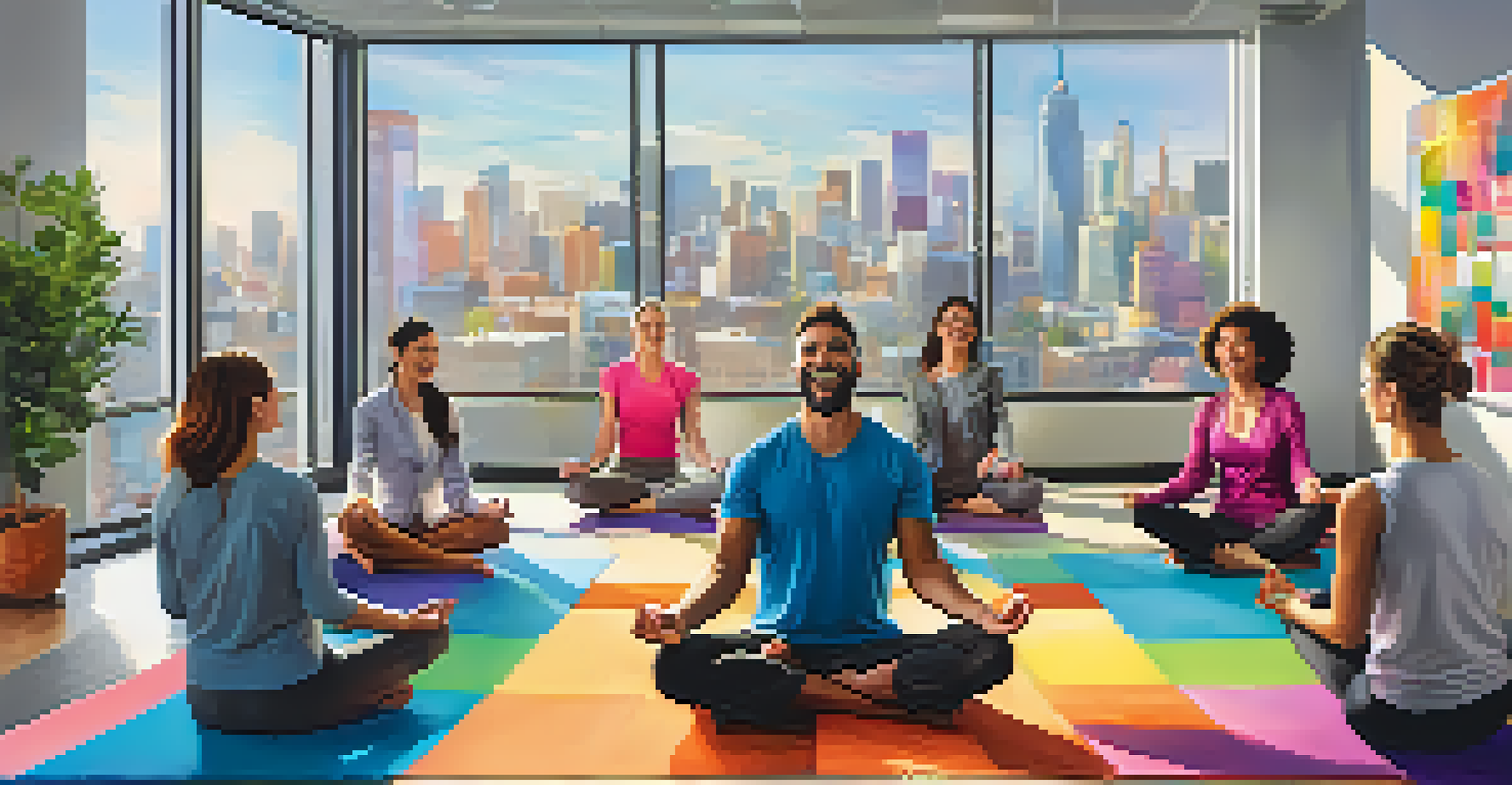 A group of coworkers practicing chair yoga together in a bright office, smiling and stretching under the guidance of an instructor.