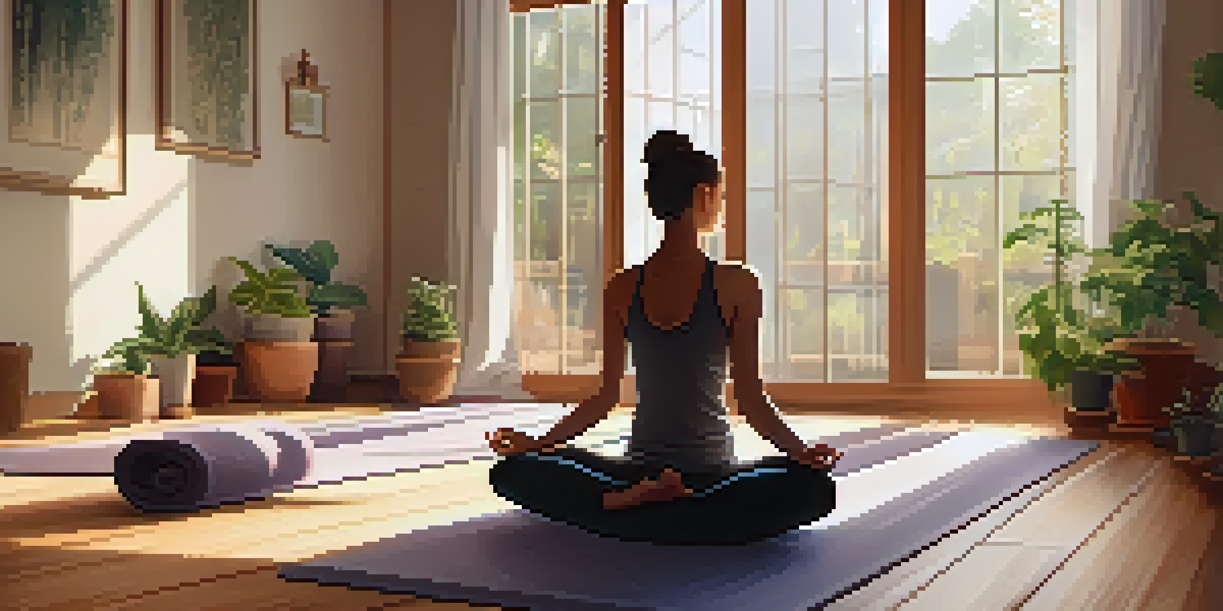 A person doing Child's Pose in a tranquil yoga studio with soft lighting and calming decor.