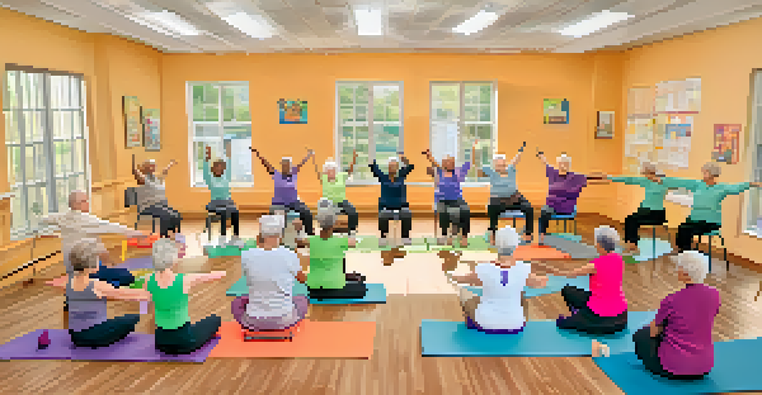 A group of seniors participating in a chair yoga class in a community center, showcasing various yoga poses.