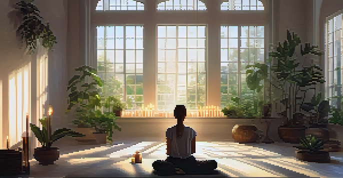 A person meditating in a sunlit room filled with plants and candles, creating a peaceful atmosphere.