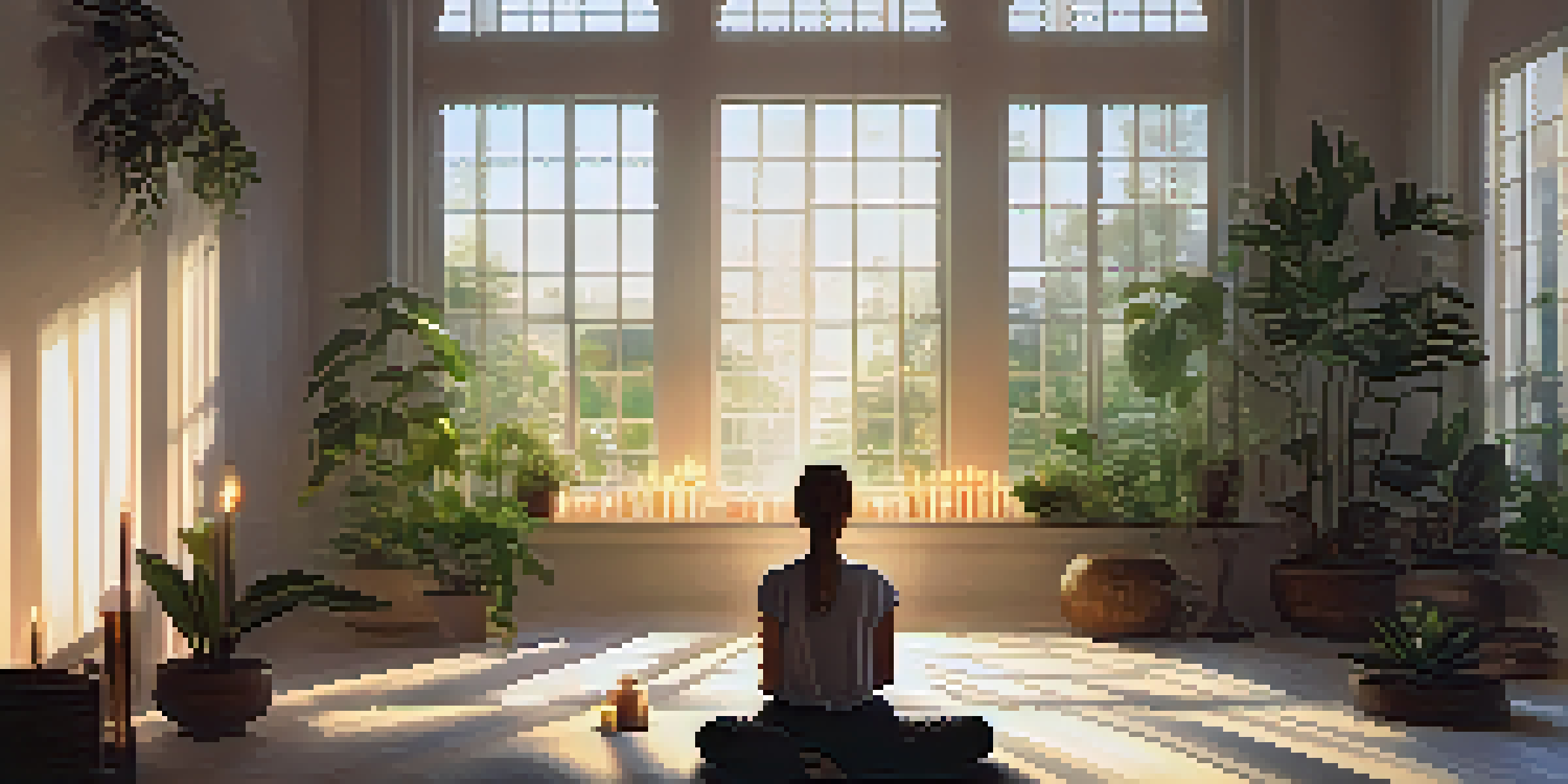 A person meditating in a sunlit room filled with plants and candles, creating a peaceful atmosphere.